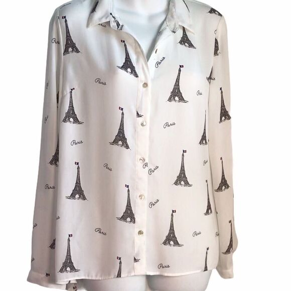 Forever 21 Paris Eiffel Graphic Print Tower Button Down Blouse White S - Picture 4 of 13
